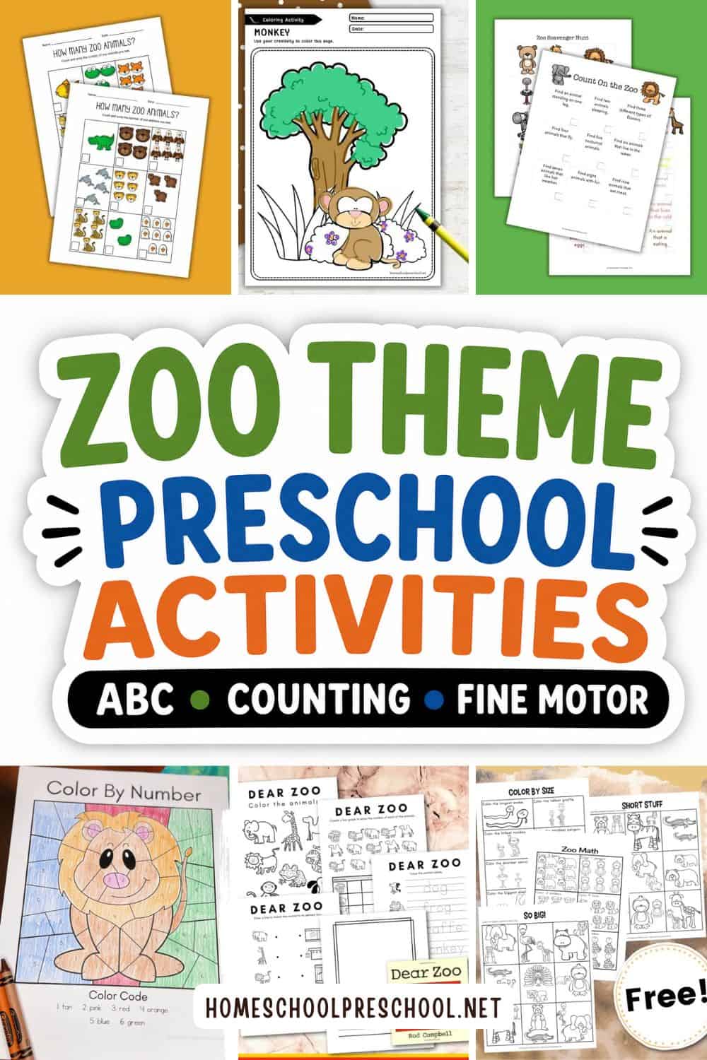 Collage of preschool zoo theme activities including zoo math worksheets, coloring pages, scavenger hunts, Dear Zoo printables, and fine motor activities with text overlay reading “Zoo Theme Preschool Activities: ABC, Counting, Fine Motor.”