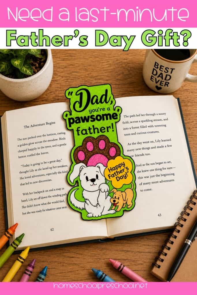 Printable Father's Day coloring bookmark featuring a dog design and the message "Dad, you're a pawsome father!" displayed on an open book with crayons nearby.