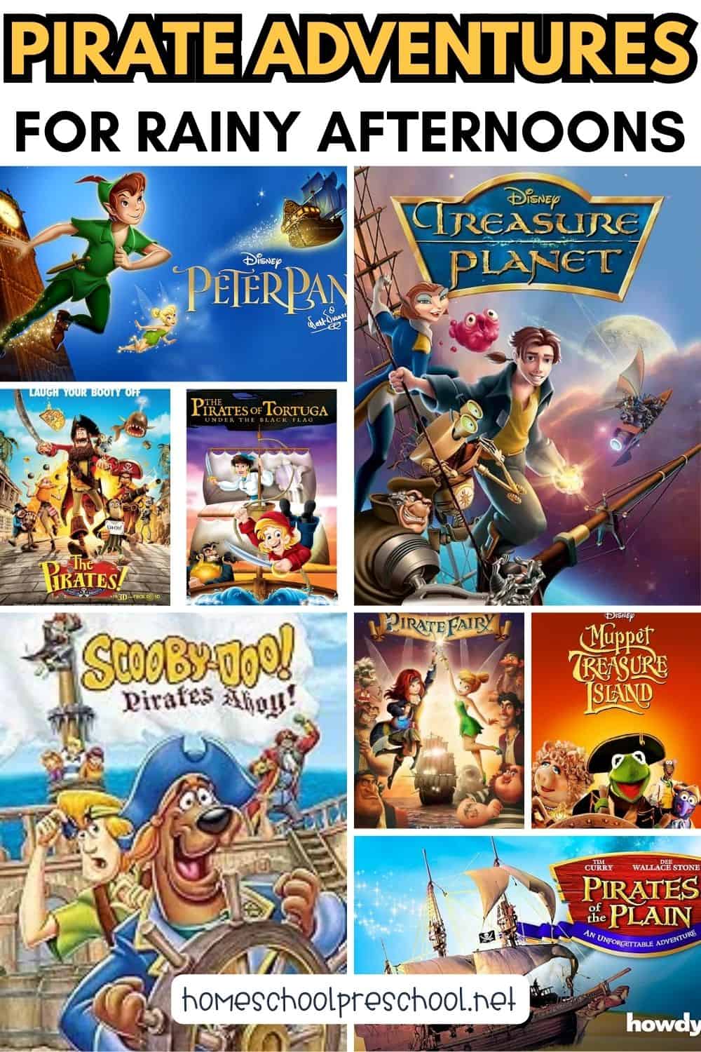 Pirate movie collage featuring family-friendly pirate films for kids with the text "Pirate Adventures for Rainy Afternoons."