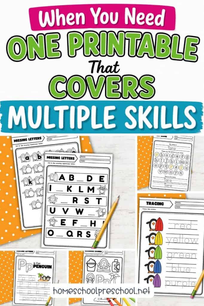 Beach penguin literacy worksheets for preschoolers featuring name writing, letter tracing, and beginning sounds.