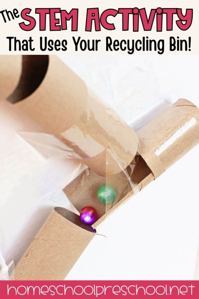 DIY marble run made from recycled cardboard tubes and tape, with colorful marbles rolling through the track. Text overlay reads, "The STEM Activity That Uses Your Recycling Bin!" and homeschoolpreschool.net appears at the bottom.