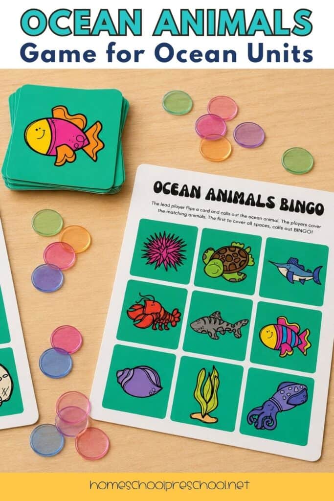 Ocean Animals Bingo printable game for preschoolers featuring colorful sea creatures including fish, turtle, shark, lobster, squid, shell, seaweed, and sea urchin on a bingo card with transparent bingo markers and matching calling cards for ocean-themed learning activities.