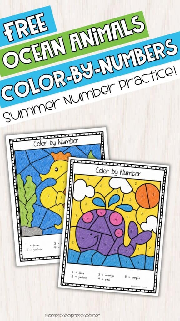 Free ocean animals color by number worksheets for preschool summer number practice