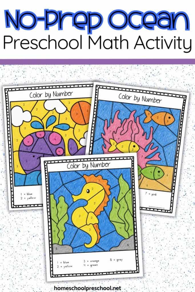 Ocean animal color by number worksheet with seahorse and color key for preschoolers