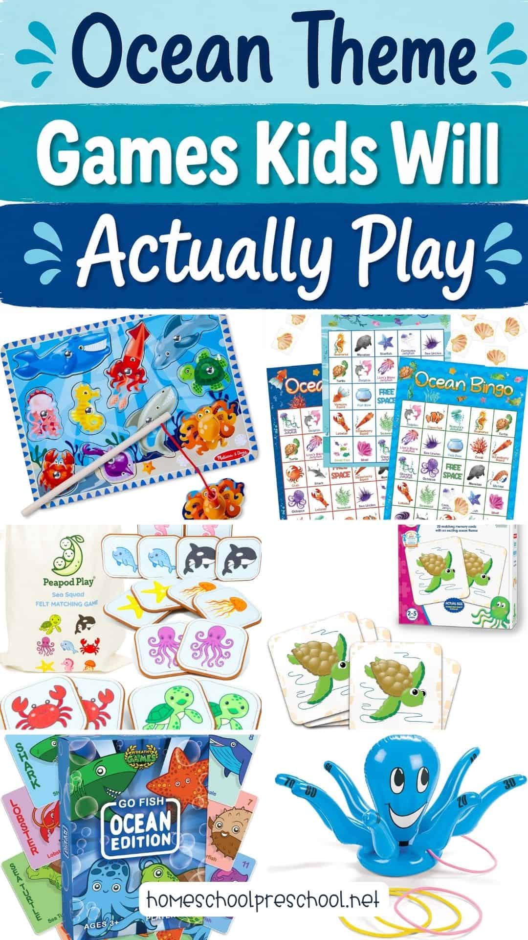 Ocean theme games for preschoolers featuring ocean bingo, matching games, memory games, fishing activities, and ocean animal card games for a preschool ocean theme.