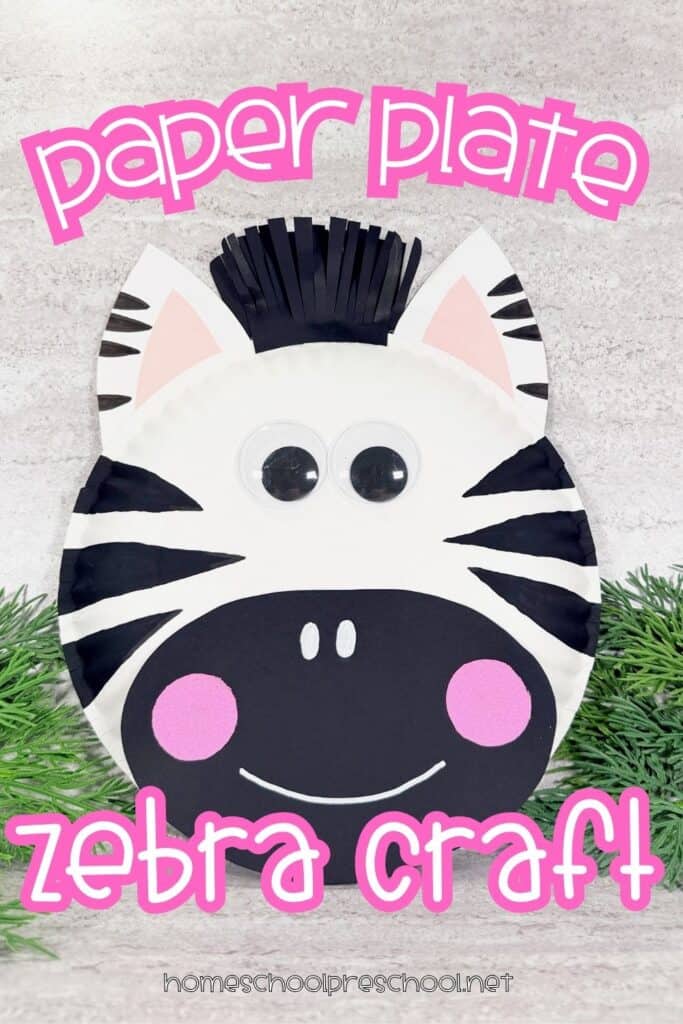 Paper plate zebra craft for preschoolers featuring a white paper plate with black stripes, googly eyes, pink cheeks, a black mane, and a smiling muzzle. Pink text reads "Paper Plate Zebra Craft" above and below the finished zebra.