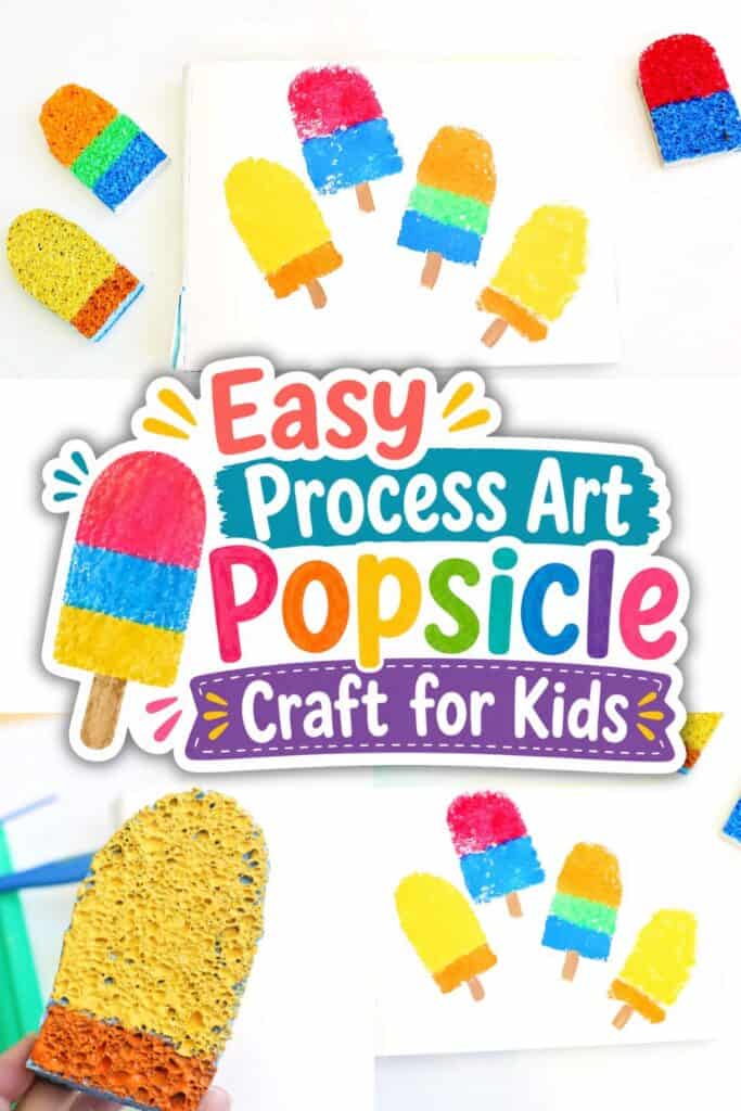 Colorful sponge-painted popsicle craft for kids featuring stamped popsicle prints on white paper and popsicle-shaped sponges painted in bright summer colors.