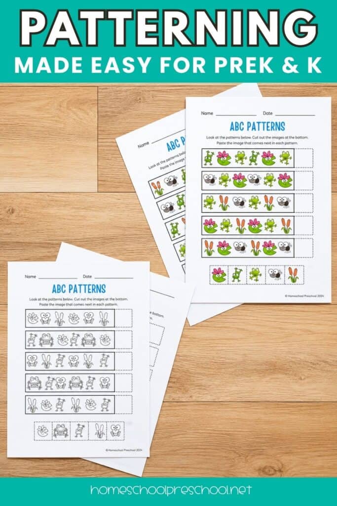 Frog ABC patterns worksheets for preschool and kindergarten. Cut-and-paste pattern activities build early math, sequencing, and logic skills.