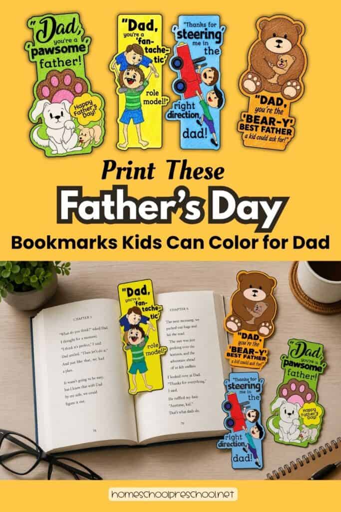Four printable Father's Day coloring bookmarks featuring a dog, father and child, car, and bear design displayed above an open book. The bookmarks include Father's Day messages that kids can color and give to Dad.