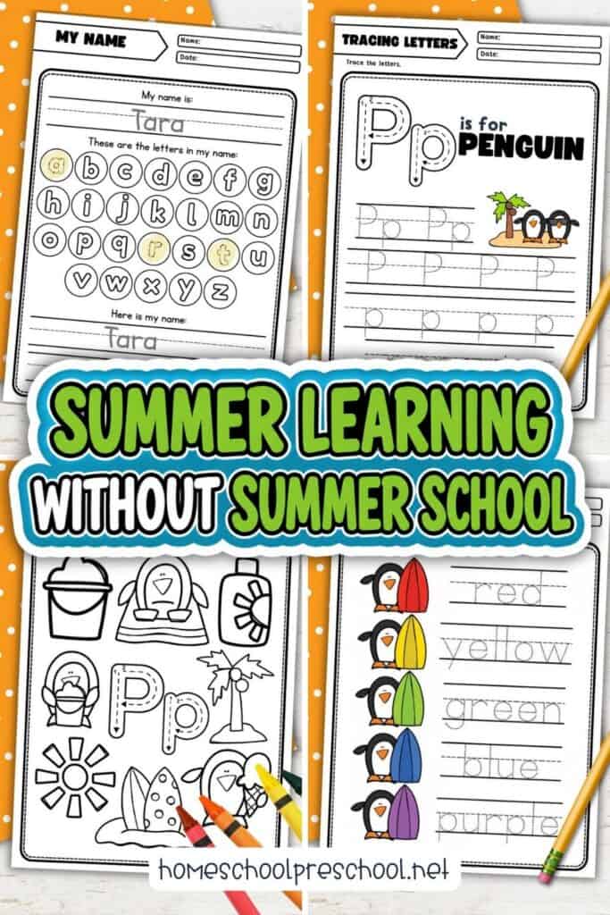 Beach penguin literacy worksheets for preschoolers featuring name writing, letter P tracing, beginning sounds, and color word practice.