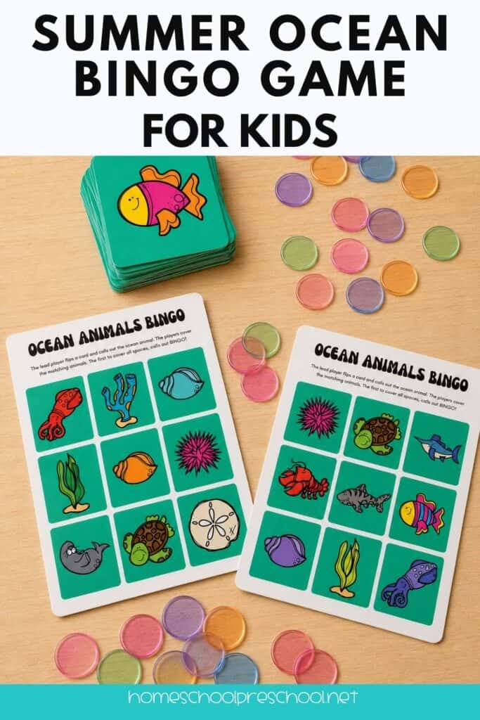 Two Ocean Animals Bingo cards and a stack of matching calling cards displayed with colorful transparent bingo markers. The printable ocean-themed game features sea creatures such as turtles, fish, sharks, squid, lobsters, shells, seaweed, sea urchins, and seals for preschool and kindergarten learning activities.