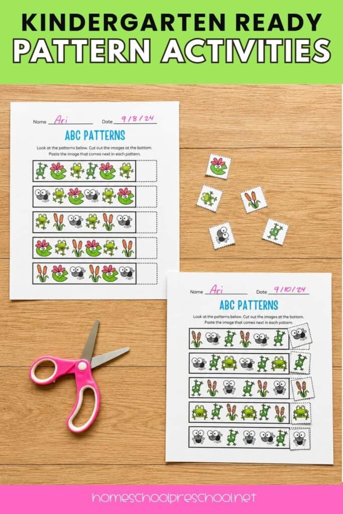 Kindergarten-ready pattern activities featuring frog ABC patterns worksheets, cut-and-paste pieces, and scissors on a wood background.