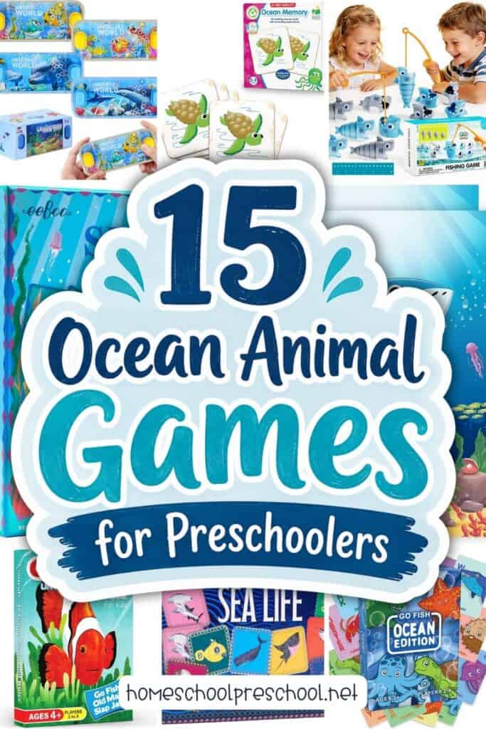 Collage of ocean animal games for preschoolers featuring memory games, matching games, fishing games, card games, and ocean-themed activities for a preschool ocean theme.