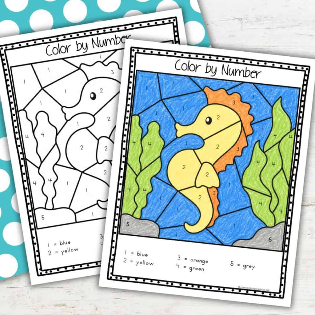 Seahorse color by number worksheet shown blank and completed for preschool math practice