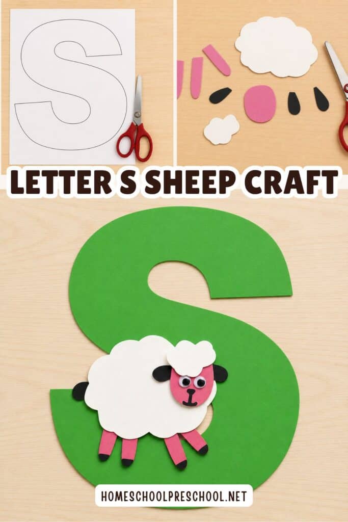 Letter S sheep craft tutorial collage showing a printable letter S template, sheep craft pieces, and the completed sheep attached to a large green letter S.