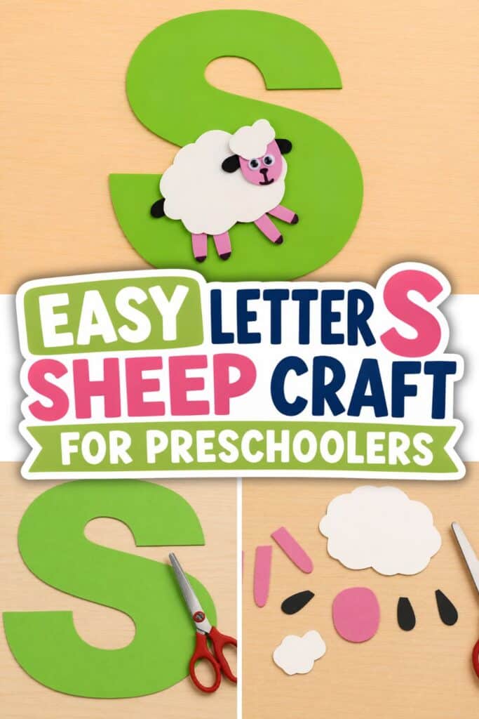 Letter S sheep craft for preschoolers made with construction paper, featuring a sheep attached to a large green letter S with step-by-step craft images.