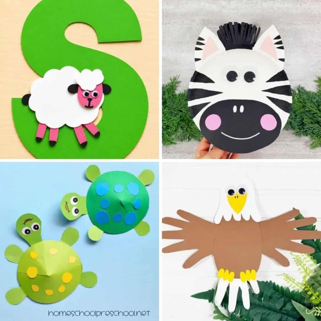 Collage featuring four easy animal crafts for preschoolers, including a sheep letter craft, paper plate zebra craft, paper bowl turtle craft, and handprint eagle craft.