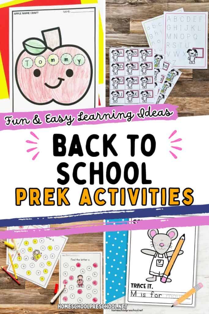 Pin design for "Back to School PreK Activities" featuring apple name craft, alphabet tracing worksheets with letter matching cards, letter hunt activities with bingo daubers, and coloring and tracing pages with mouse character and colored pencils.
