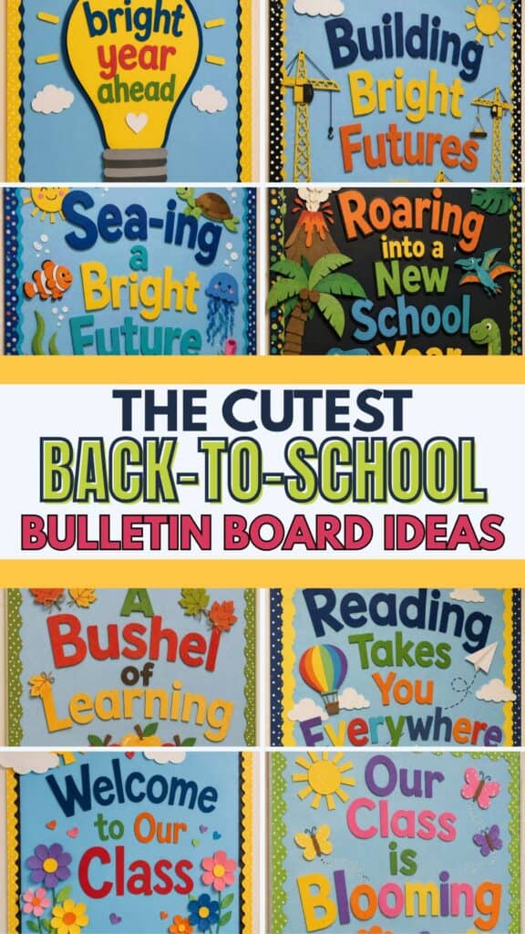 Pinterest graphic featuring a collage of colorful preschool back-to-school bulletin boards with welcome, construction, ocean, dinosaur, reading, apple, flower, and light bulb themes, plus the text "The Cutest Back-to-School Bulletin Board Ideas."