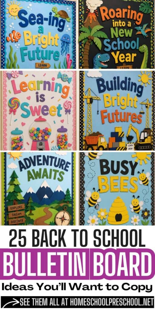 Pinterest graphic featuring a collage of colorful preschool back-to-school bulletin boards, including ocean, dinosaur, construction, camping, bee, and candy themes, with the text "25 Back to School Bulletin Board Ideas You'll Want to Copy."