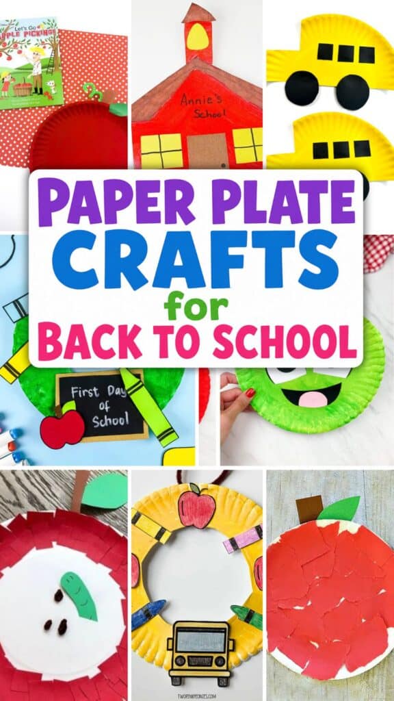 Collage of back-to-school paper plate crafts for preschoolers featuring apples, school buses, a schoolhouse, classroom wreaths, and other easy school-themed craft ideas.