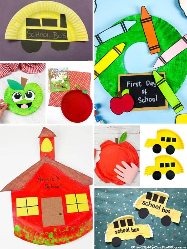 Collage of easy back-to-school paper plate crafts for preschoolers featuring apples, school buses, a schoolhouse, an apple core, and classroom wreath activities.