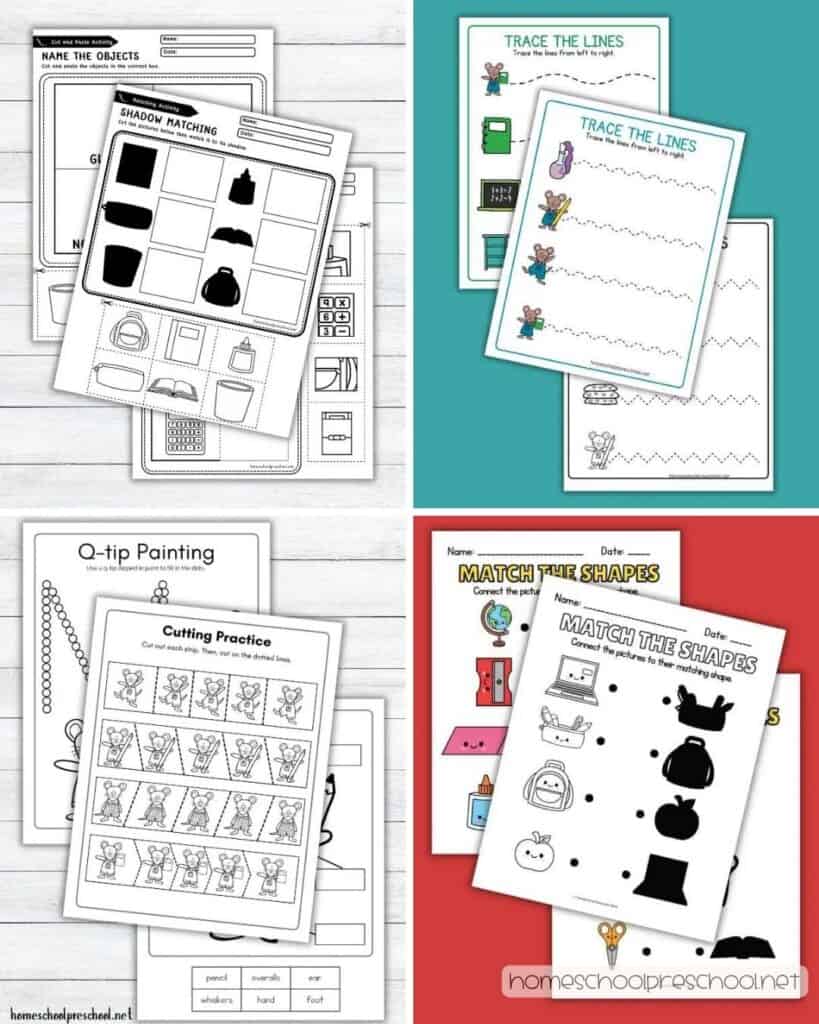 Collection of fine motor worksheets including cut and paste activities with shadow matching, line tracing pages with dotted paths, Q-tip dot painting activity, scissor cutting practice with repeated figures, and shape matching exercises.
