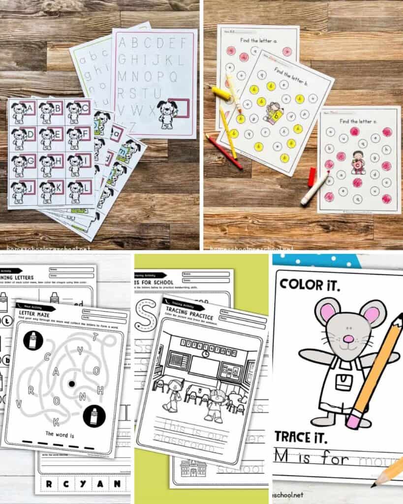 Collection of back to school literacy worksheets including letter tracing pages, alphabet letter matching with puppets, letter hunt activities with colored dot markers, letter maze puzzle, and letter formation practice with school themes.