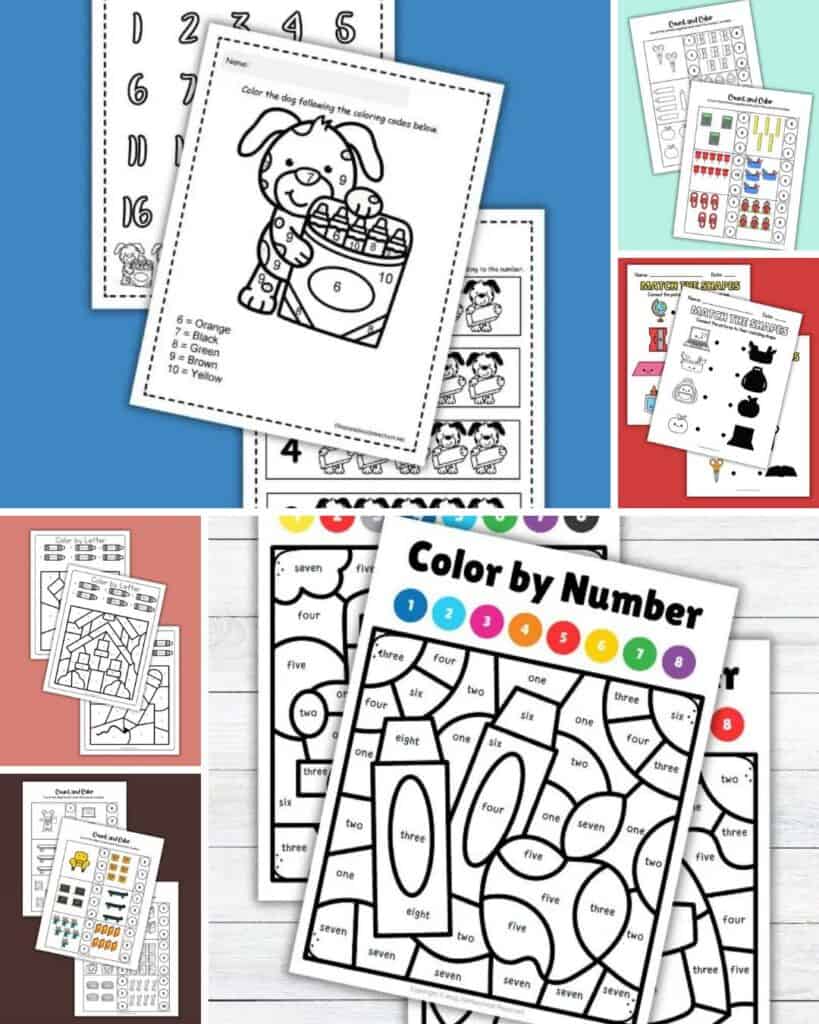 Collection of back to school math worksheets including number tracing, color by number with puppy design, count and color activities, shape matching, and numbered shape coloring pages.