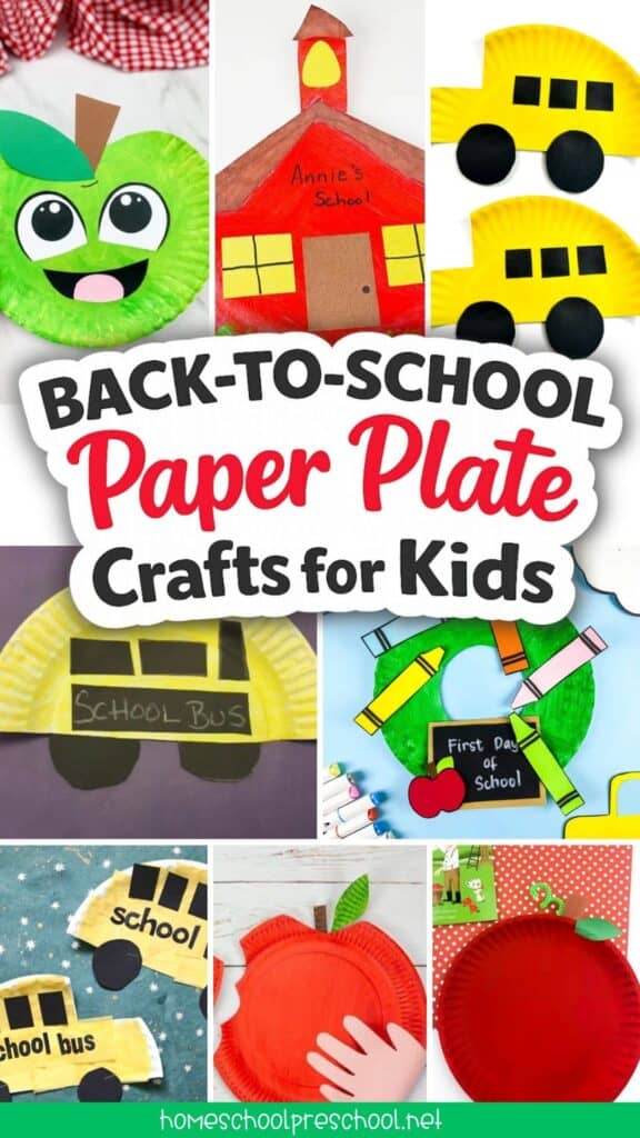 Collage of back-to-school paper plate crafts for kids featuring apples, school buses, a schoolhouse, and classroom wreaths for preschool activities.