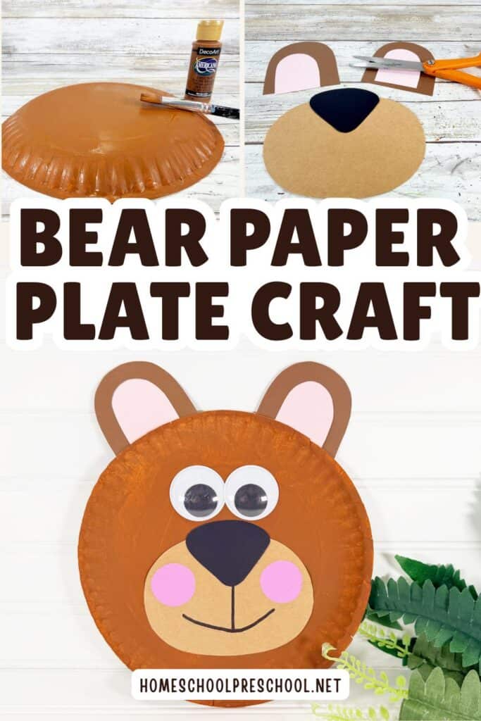 Brown bear paper plate craft for preschoolers with step-by-step images and finished craft.