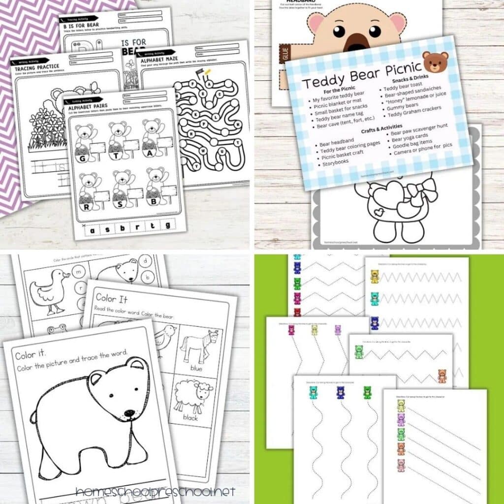 Bear-themed preschool printables for literacy, fine motor skills, and teddy bear activities.