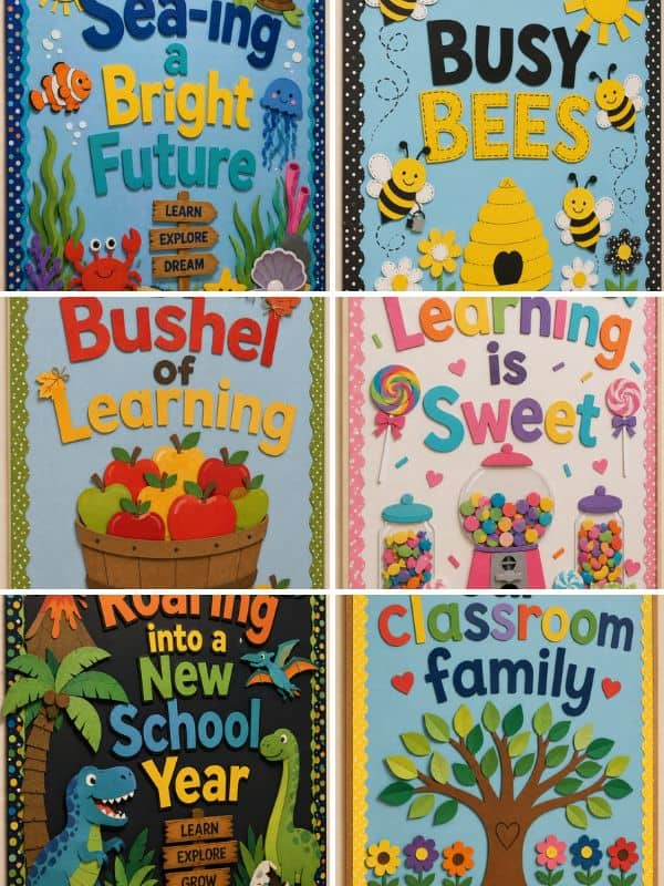 Pinterest graphic featuring a collage of preschool back-to-school bulletin boards with ocean, bee, apple, candy, dinosaur, and classroom family themes, showcasing colorful classroom decorating ideas.