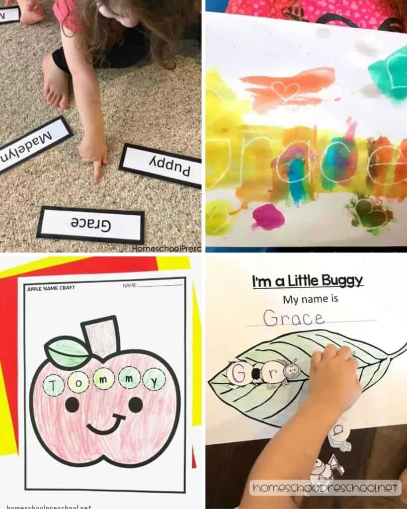 Four name activity examples for preschoolers: letter card matching on carpet, watercolor name reveal painting, apple name craft with letter circles, and leaf-shaped name writing activity.