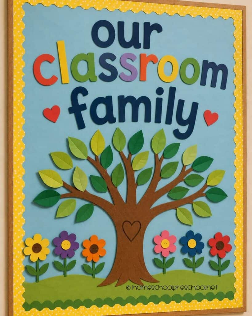 Our Classroom Family preschool bulletin board with a large paper tree, colorful flowers, hearts, and the words "Our Classroom Family."