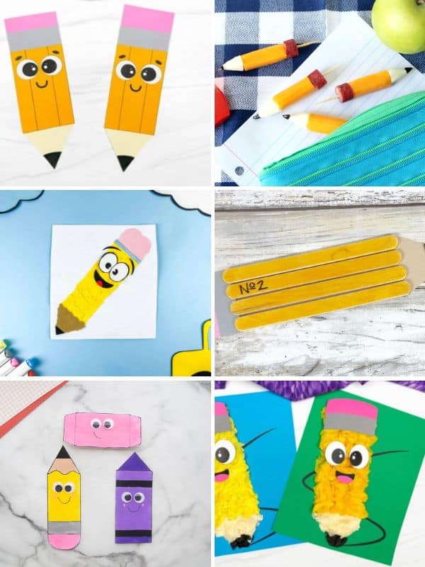 Collage of six back-to-school pencil crafts for preschoolers, including printable pencil crafts, pencil-shaped snacks, torn paper pencils, craft stick pencils, school supply paper crafts, and tissue paper pencil art projects.