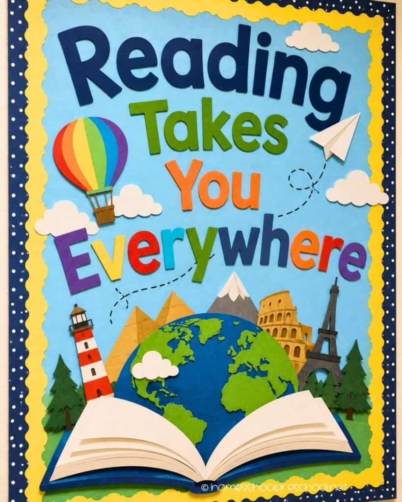 Reading Takes You Everywhere preschool bulletin board with an open book, globe, hot air balloon, paper airplane, world landmarks, and the words "Reading Takes You Everywhere."