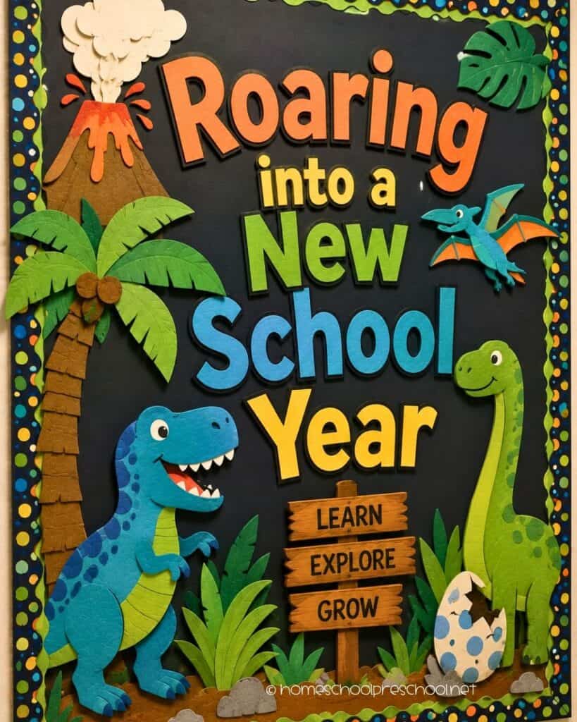 Roaring into a New School Year preschool bulletin board with friendly dinosaurs, a volcano, dinosaur egg, tropical plants, and the words "Roaring into a New School Year."