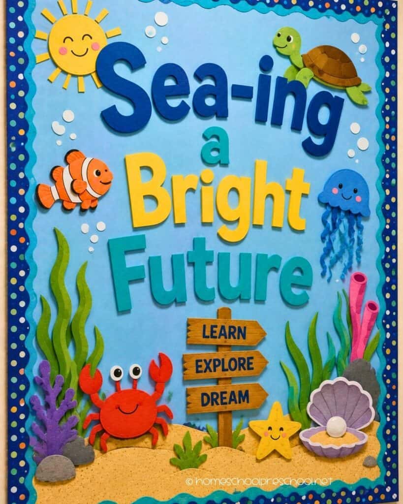Sea-ing a Bright Future preschool bulletin board with a sea turtle, clownfish, jellyfish, crab, coral, seashell, and the words "Sea-ing a Bright Future."