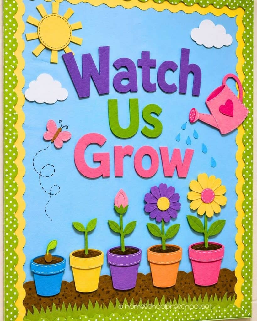 Watch Us Grow preschool bulletin board with potted flowers, a watering can, sunshine, and the words "Watch Us Grow."