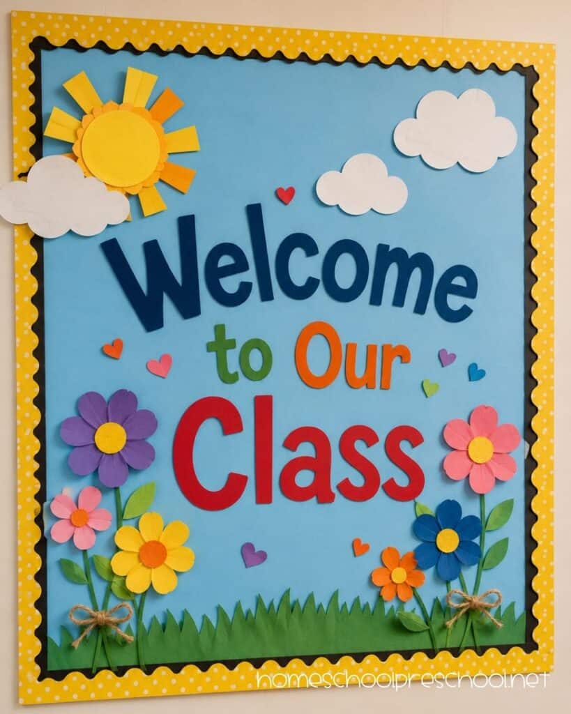 Colorful "Welcome to Our Class" preschool bulletin board with flowers, a smiling sun, clouds, and a bright yellow polka dot border.