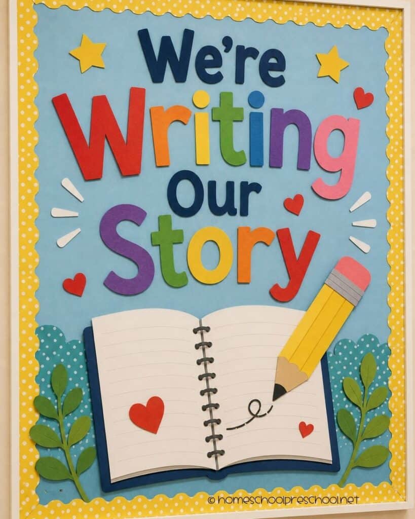 We're Writing Our Story preschool bulletin board with an open notebook, oversized pencil, colorful letters, and the words "We're Writing Our Story."