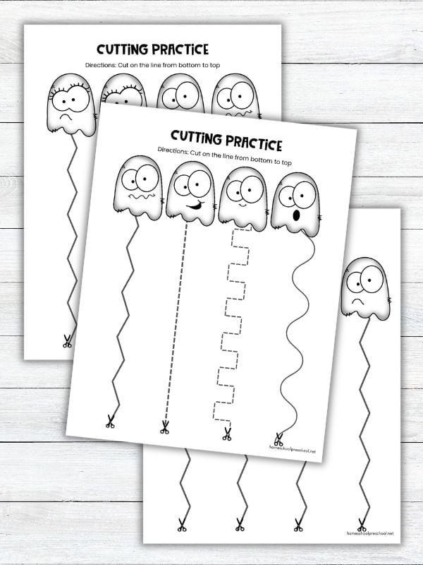 Ghost cutting practice worksheets for preschoolers featuring straight, wavy, zigzag, and cornered cutting paths on printable pages.