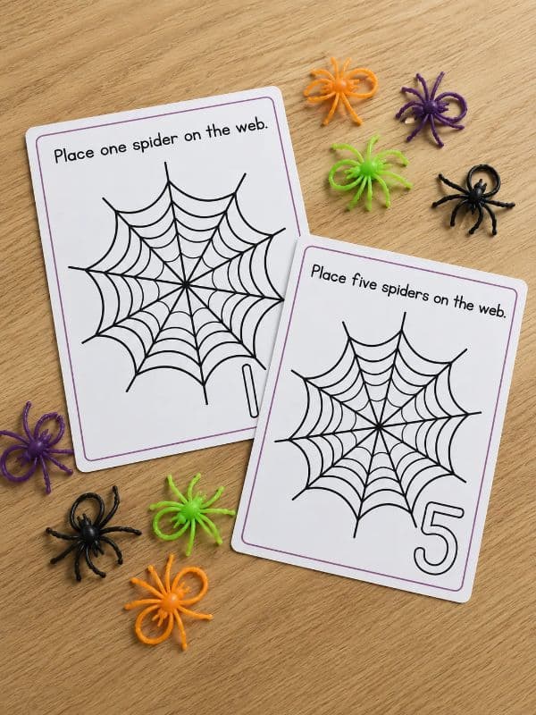 Spider counting mats for numbers 1 and 5 with printable webs and colorful plastic spiders for hands-on preschool counting practice.