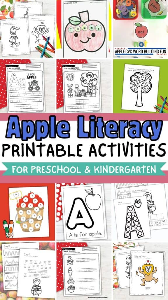 Collage of apple literacy activities for preschoolers, including letter tracing, name practice, CVC word building, alphabet worksheets, and beginning sounds.