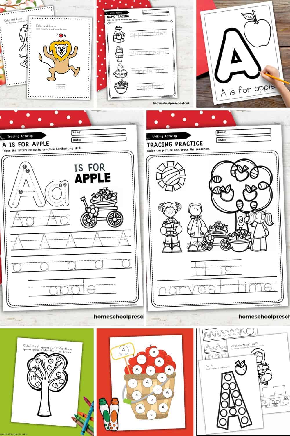 Collage of apple literacy activities for preschoolers featuring letter A tracing, handwriting practice, name tracing, beginning sounds, and uppercase and lowercase letter recognition.