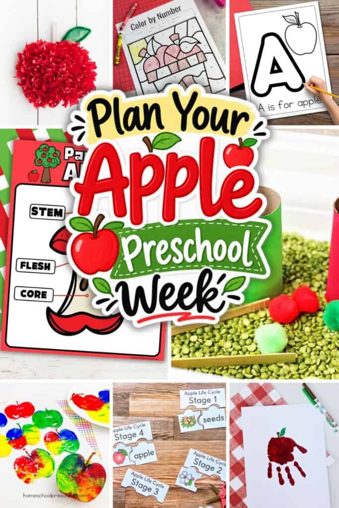 Collage of apple preschool week activities featuring crafts, printables, sensory play, apple stamping, life cycle puzzles, and early learning worksheets.