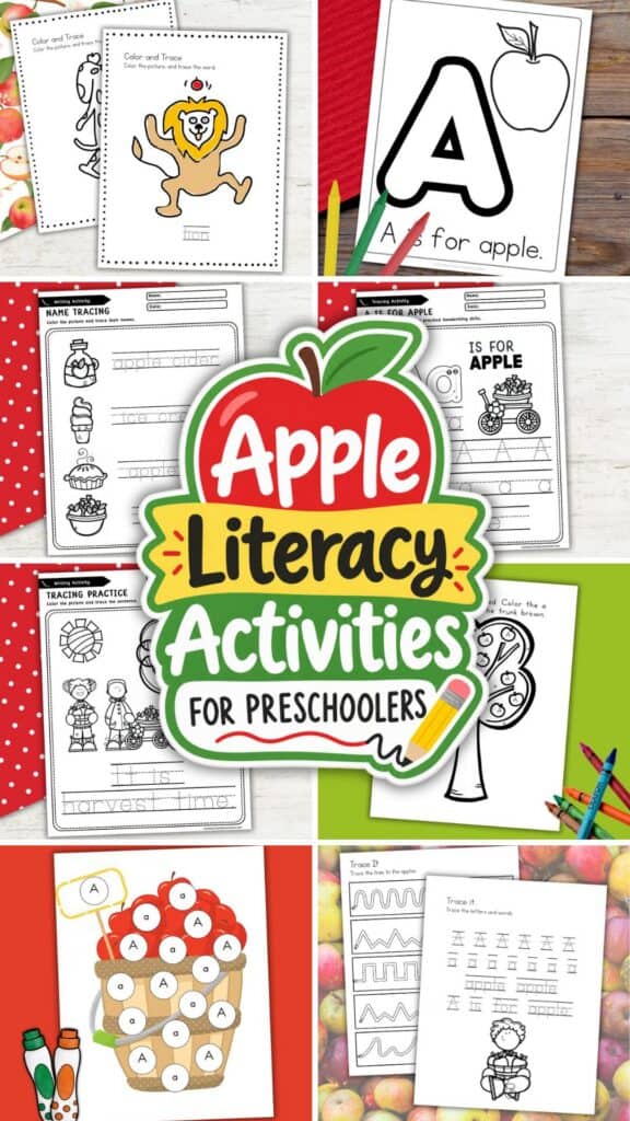 Apple literacy activities for preschoolers featuring alphabet, letter tracing, handwriting, name tracing, and letter recognition worksheets.
