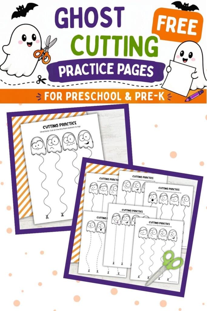 Free ghost cutting practice pages for preschool and pre-K featuring printable worksheets with wavy, straight, curved, and zigzag cutting lines.