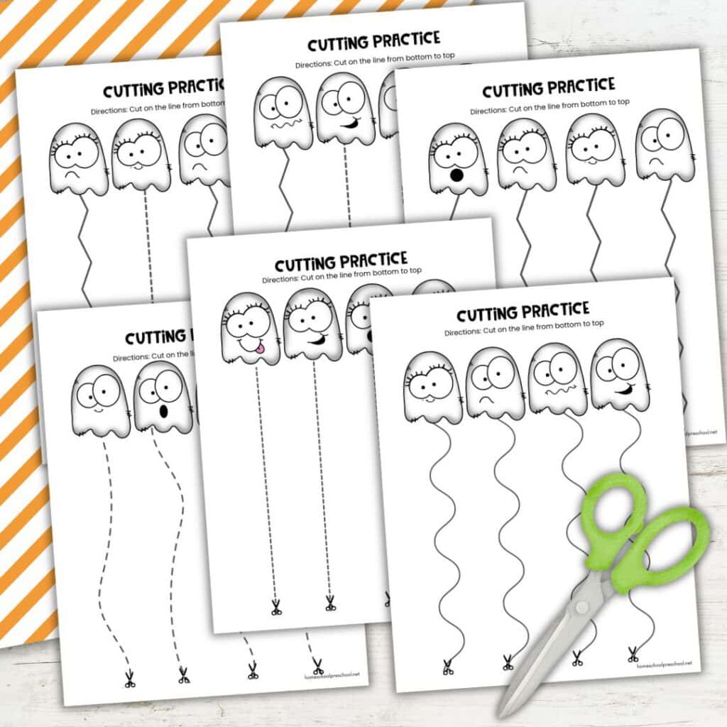Printable ghost cutting practice pages for preschoolers featuring straight, curved, dashed, and zigzag cutting paths with child-safe scissors.